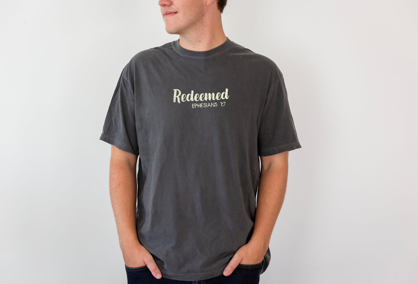 Redeemed Ephesians 1:7 Embroidered Comfort Color t-shirt