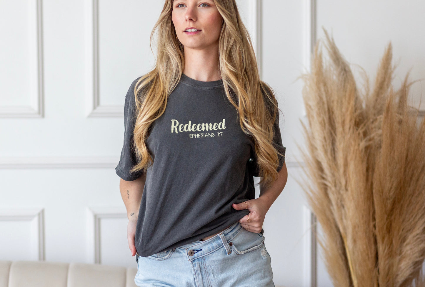 Redeemed Ephesians 1:7 Embroidered Comfort Color t-shirt