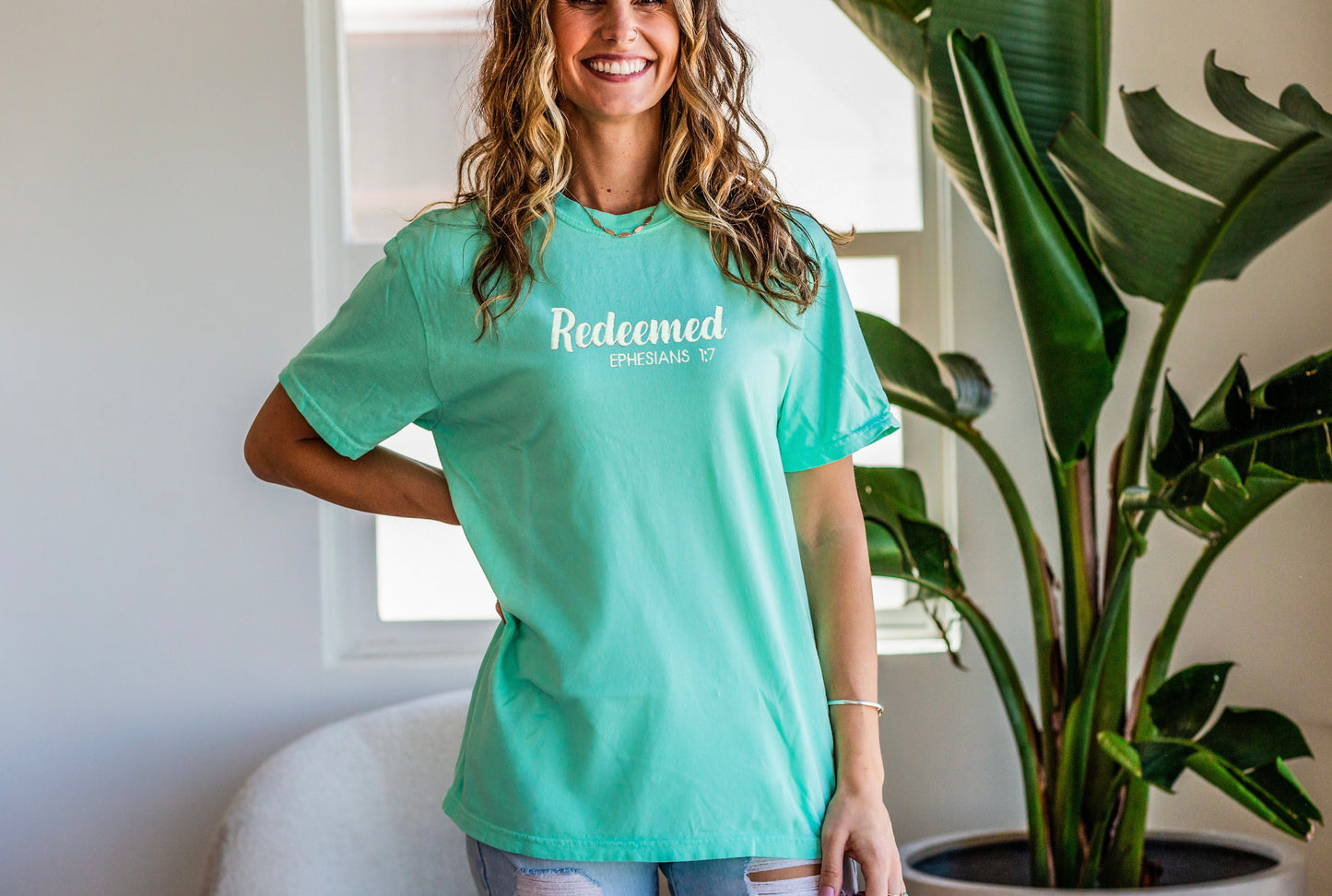 Redeemed Ephesians 1:7 Embroidered Comfort Color t-shirt